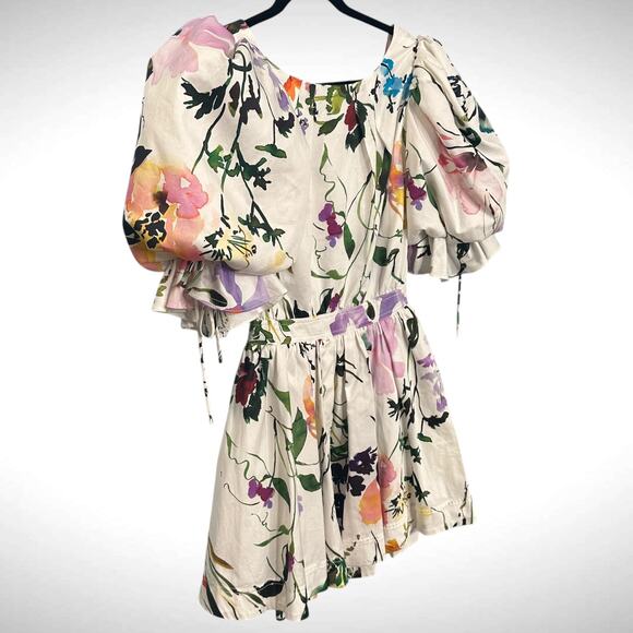 Aje Drift Puff Sleeve Cotton Mini Dress 6 AU 10 White Watercolor Garden Floral - Picture 3 of 14